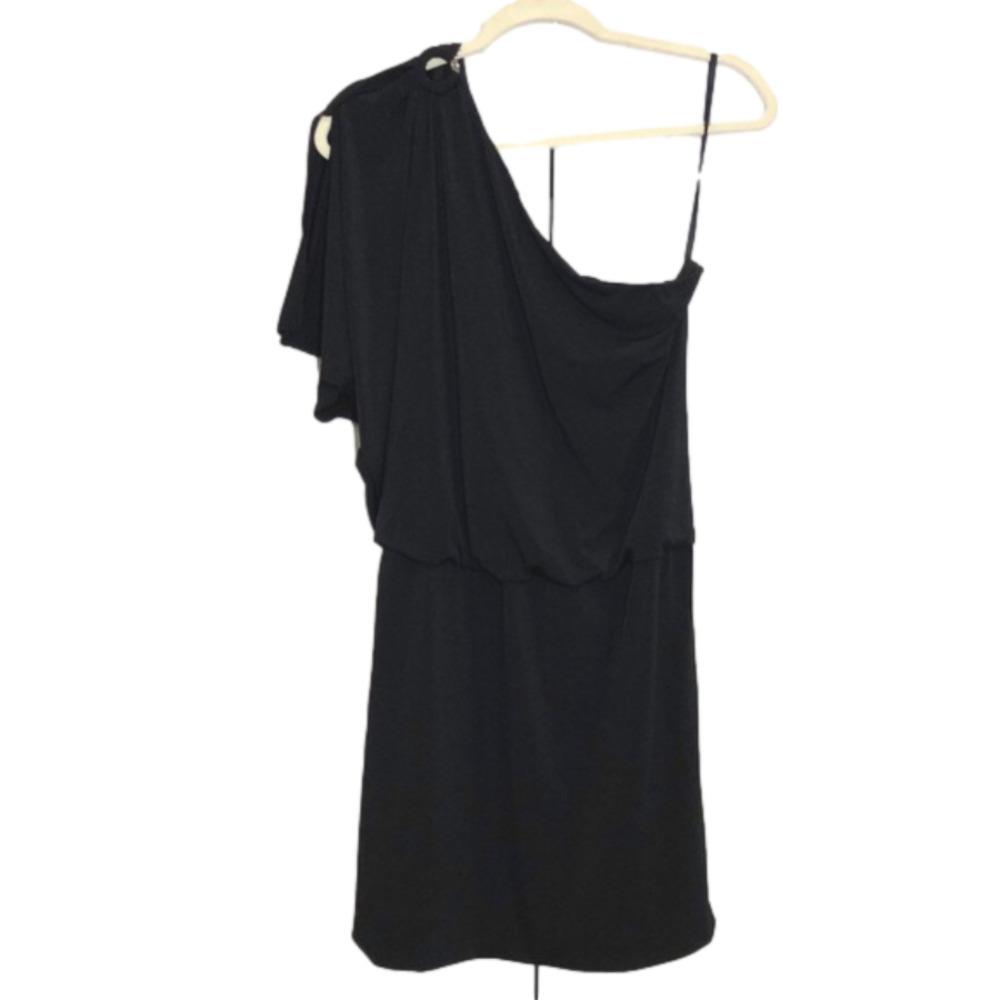 WHBM black one shoulder mini dress with silver o-ring and flutter sleeve detail.